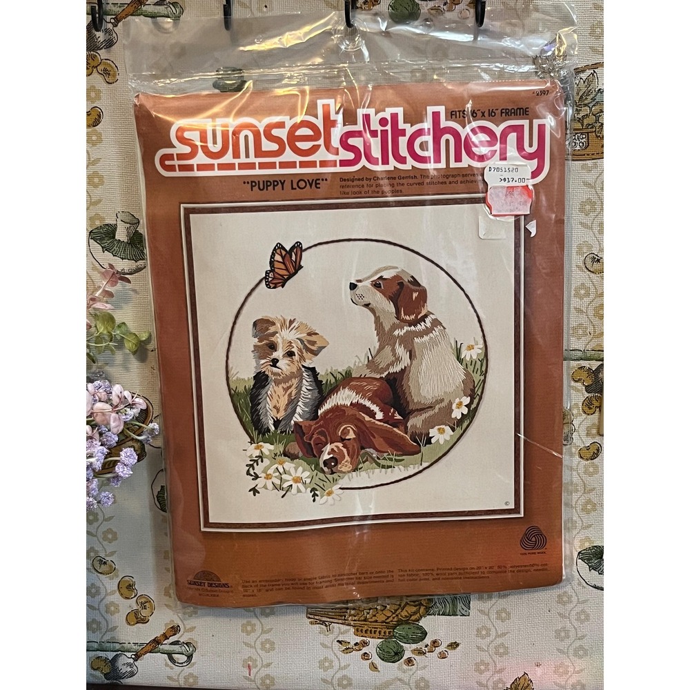Sunset Stitchery "Puppy Love" Needlepoint Kit Unopened 1970s Dog Embroidery Set